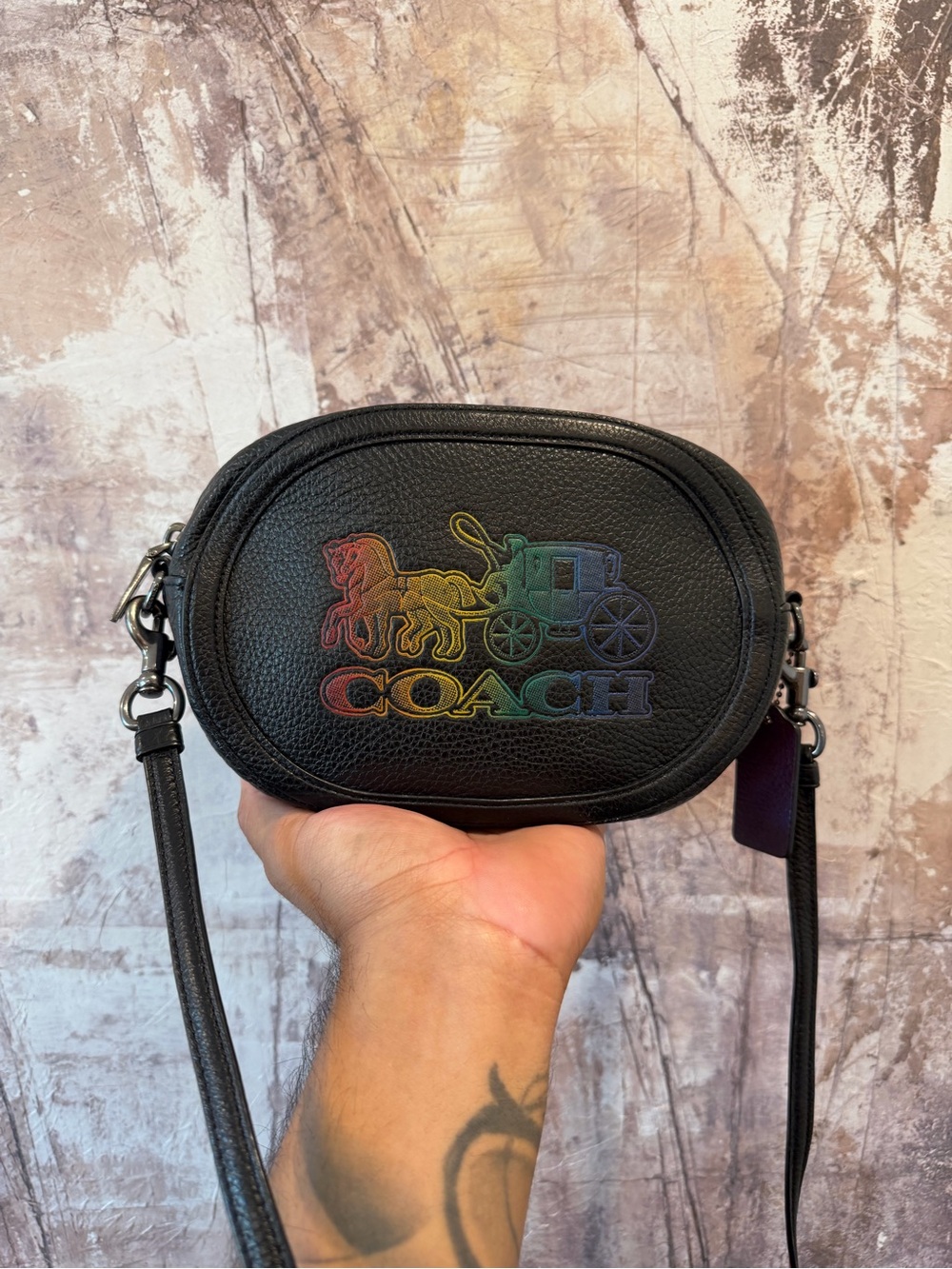 COACH Leather Crossbody Camera Bag Black Rainbow Horse Carriage C6803